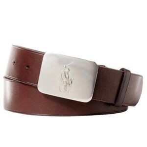 NWT Polo Ralph Lauren Plaque Pony Leather Belt - Sz 32 - Brown